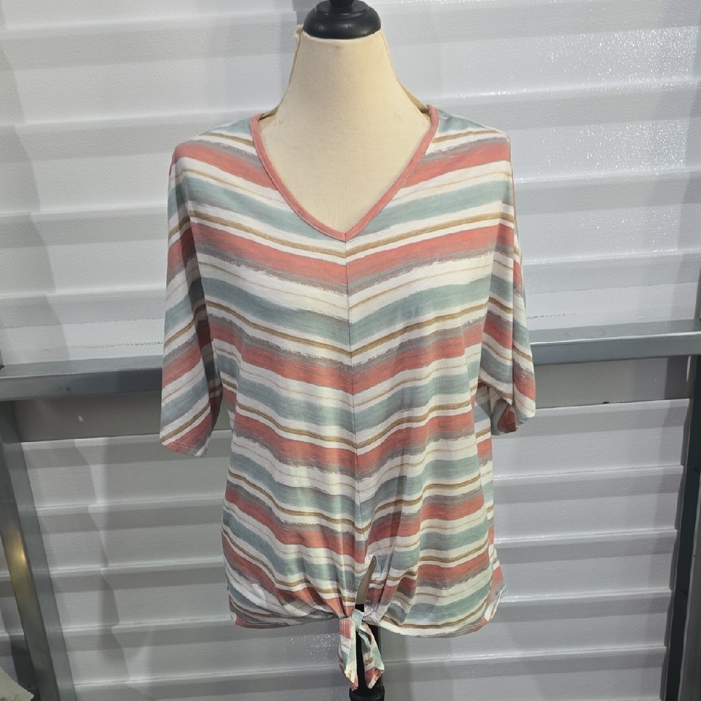 Relaxed Green‎ and Pink Tie Front Short Sleeve Blouse